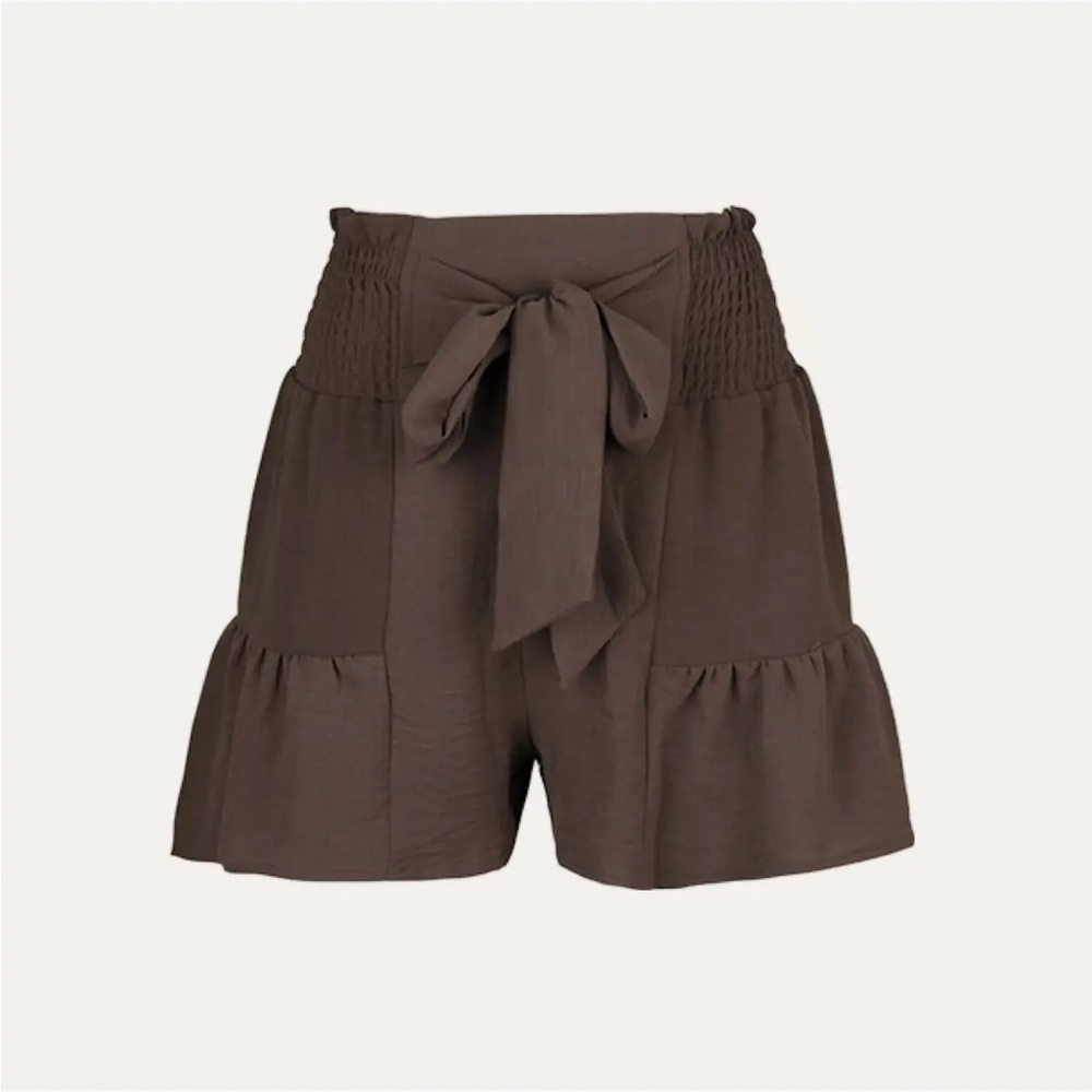 High Waist Smocked Tie-Front Shorts in Coffee